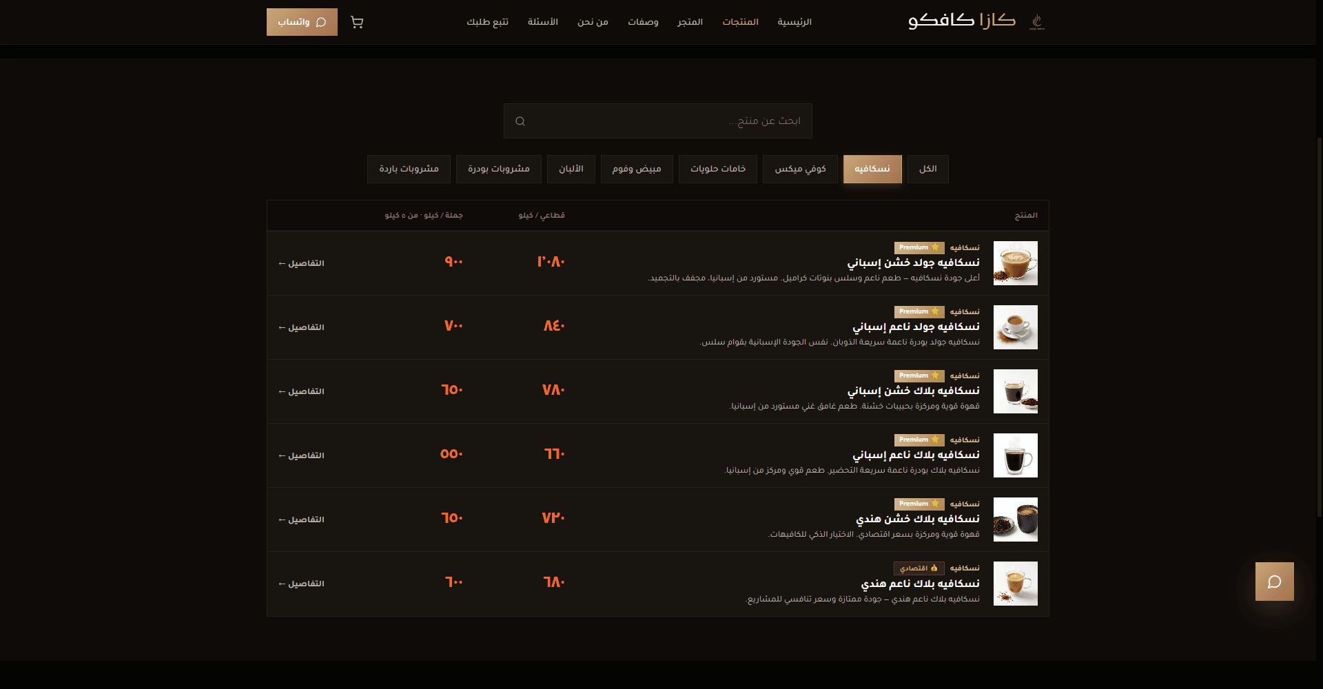 Casa Cavco price list — search, category filters, and retail and wholesale price per kilo